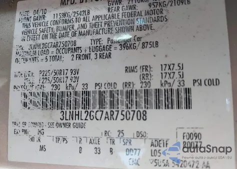 2010 Lincoln Mkz z USA, uszkodzony, nr VIN 3LNHL2GC7AR750708